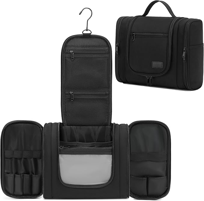 Hanging Travel Toiletry Bag for Men and Women with Metal Swivel Hook, Large Travel Makeup Organizer for Full Sized Cosmetics and Toiletries, Water-Resistant Bathroom Toiletery Bags, Black