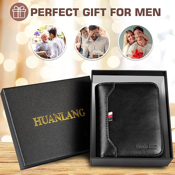 HUANLANG Mens Wallet RFID Blocking Multi Card Holder Wallets for Men Bifold Wallet with Zipper Small Men's Leather Wallet