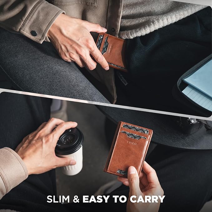 VULKIT Credit Card Holder RFID Blocking Slim Leather Front Pocket Mens Wallet Bank Card Holder Quick Access with 10 Slot and Money Band for Bills or Receipt, Palm-Size Wallet, Brown, S, Minimalist