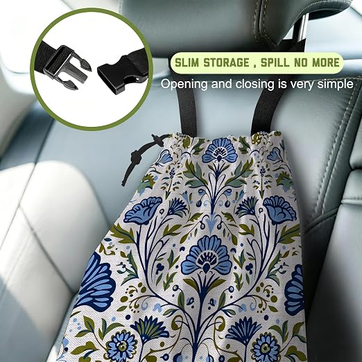 Car Garbage Bag Blue Green Floral Damask Hanging Canvas Car Trash Bag Waterproof Drawstring Car Back Seat Organizer for Car Back Front Seat Console with Adjustable Buckle