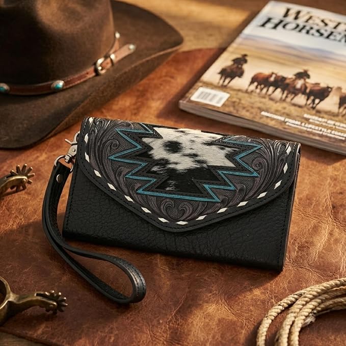 Merbaa Western Leather Wallet for Women, Hair-On Vegetable Tanned Leather Clutch Aztec Wristlet Purse, Card Cases & Money Organizers Bifold Cash Phone Slim Organizer with Card Slots, Zip Coin Pocket