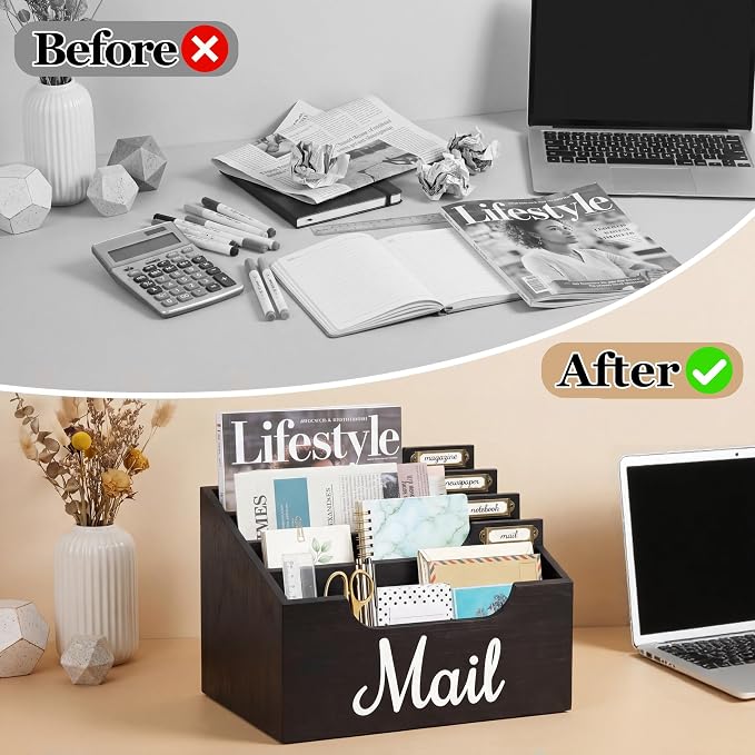 Rustic Wood Mail Organizer Countertop with 4 Slots, Black Mail Holder for Desk, Removable Dividers Mail Sorter, Letter Bill File Organizer for Home Office Classroom, Desktop Organizer with Free Labels