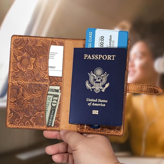 Genuine Leather Passport Holder Travel Bifold Wallet For Men And Women Slim RFID Blocking Brown