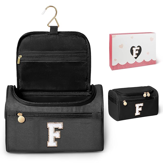 COSHAYSOO Christmas Valentines Galentines Day Fall Travel Gifts for Women Friend Sister Bestie Happy Birthday Party Favor Present, Large Hanging Toiletry Bag Skin Care Toiletries Black Letter F