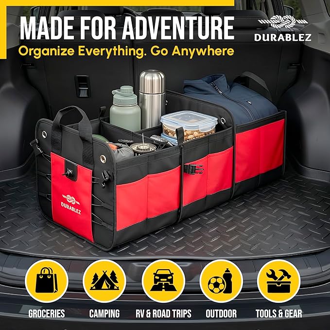 XL Trunk Organizer 3-Section Modular – Extra Large Car Storage for Groceries & Travel Gear, Multi-Compartment Foldable Cargo Bin – Red