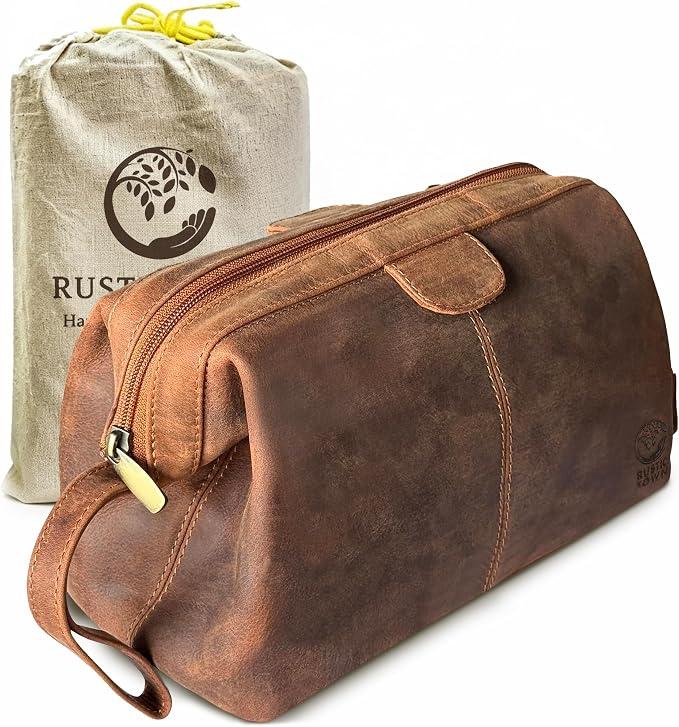 RUSTIC TOWN Full Grain Leather Toiletry Bag for Men – Wide Opening Dopp Kit with Metal Frame, Water-Resistant Travel Organizer for Shaving, Grooming & Accessories