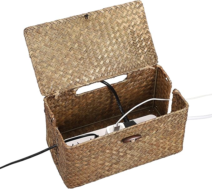 BTSKY Woven Cable Management Box with Lid, Seagrass Cord Organizer with 2 Open Slots for Power Strips & USB Hubs, Under Desk Cord Hider Box for Home Office, Pet Proofing Wire Basket, Small