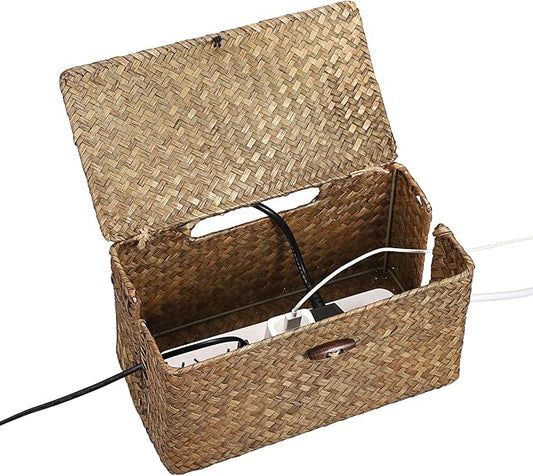 BTSKY Woven Cable Management Box with Lid, Seagrass Cord Organizer with 2 Open Slots for Power Strips & USB Hubs, Under Desk Cord Hider Box for Home Office, Pet Proofing Wire Basket, Small
