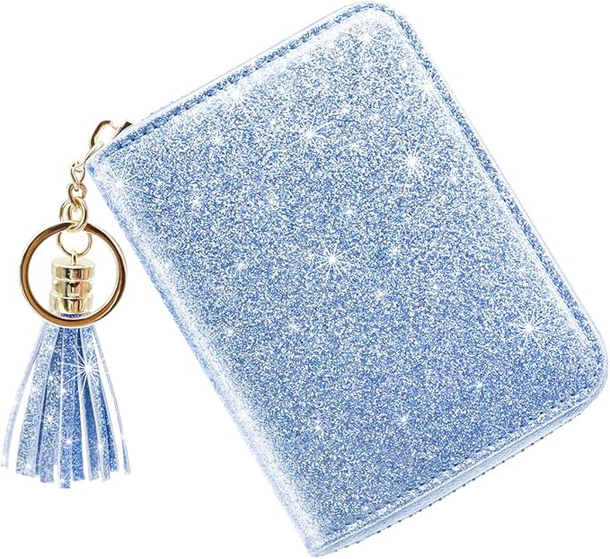Coco Rossi Women's Small Credit Card Wallet ID Card Case for Girls RFID Glitter Cute Accordion Card Holder -Blue