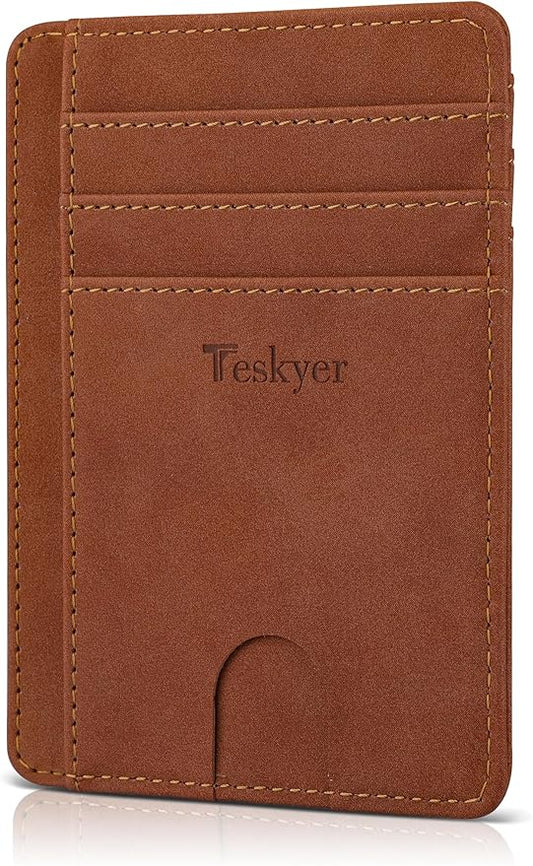 Teskyer Slim Wallet for Men, Minimalist Front Pocket RFID Blocking Leather Wallet Credit Card Holder for Men & Women