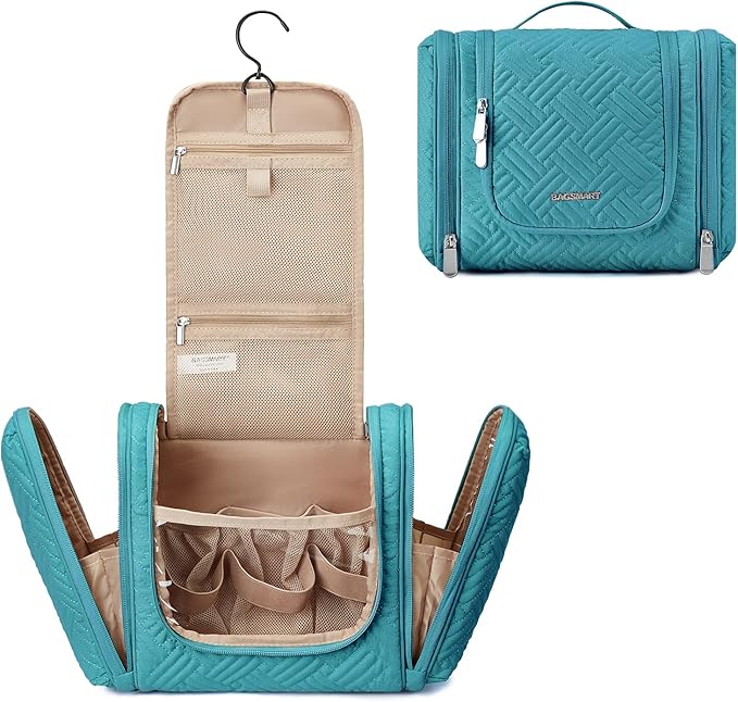 BAGSMART Large Travel Toiletry Bag for Women, Hanging Toiletry Bag with Hook, Travel Cosmetic Makeup Bag Travel Organizer for Accessories, Shampoo, Full Sized Container, Toiletries,Blue-Large