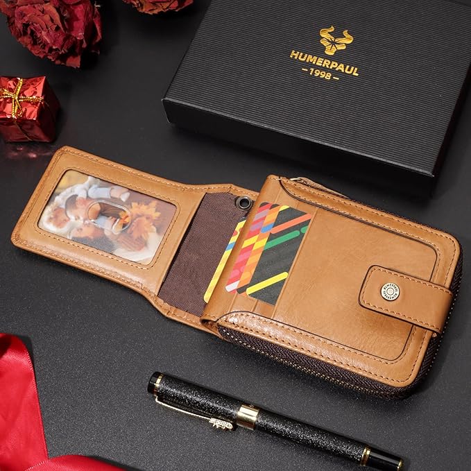 gzcz Mens Wallet with Zipper Genuine Leather Bifold Purse for Men ID Window and Zip Coin Pocket (Brown)