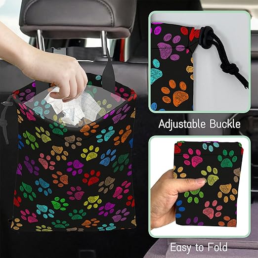 Colorful Paw Prints Car Trash Bag,Hanging Drawstring Car Garbage Bag,Waterproof Canvas Car Back Seat Organizer with Adjustable Buckle,for Vehicles,SUVs,Camping,Road Trips