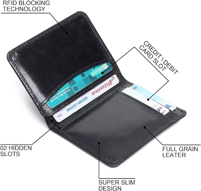 FOXHACKLE Full Grain Leather Credit Card Holder for Men and Women, Slim Bifold RFID Blocking Wallet, Thin Front Pocket Minimalist Wallet, Small Card Case.