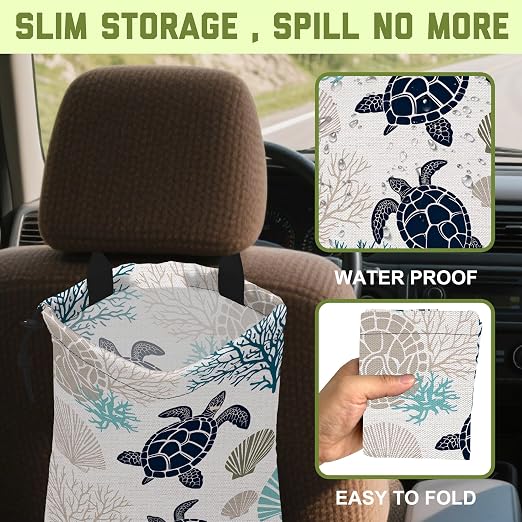 Car Garbage Bag Ocean Turtle Coral Shells Hanging Canvas Car Trash Bag Waterproof Drawstring Car Back Seat Organizer for Car Back Front Seat Console with Adjustable Buckle