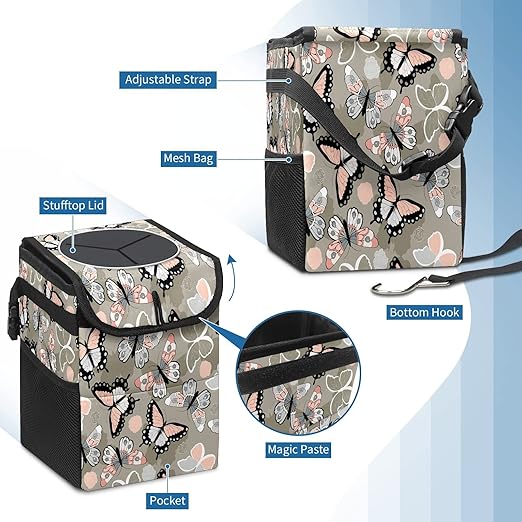 Car Trash Can Butterfly Auto Garbage Bag Car Trash Can with Lid Leak-Proof Car Storage Bag Auto Garbage Bag Hanging for Headrest Collapsible and Portable with Storage Mesh Pocket