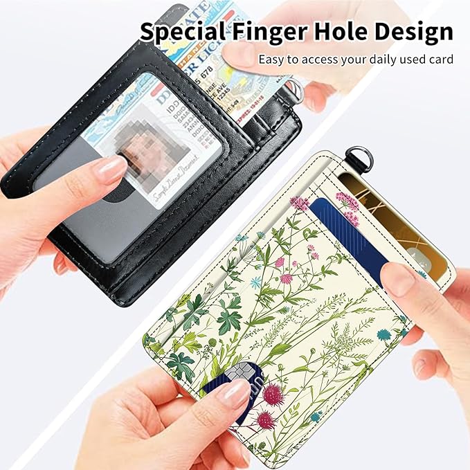 Slim Minimalist Front Pocket Wallet,Credit Card Holder Wallet for Women Men,RFID Blocking Credit Card Holder Case Leather Cute Small Thin Wallet ID Window&Wrist Strap,Flower Floral Plant