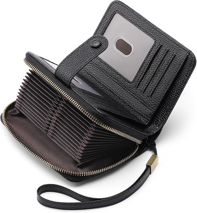 GAEKEAO Leather Credit Card Holder Wallet for Women RFID Blocking Large Capacity Bifold Zipper Card Case Organizer with Wristlet 32 Slots