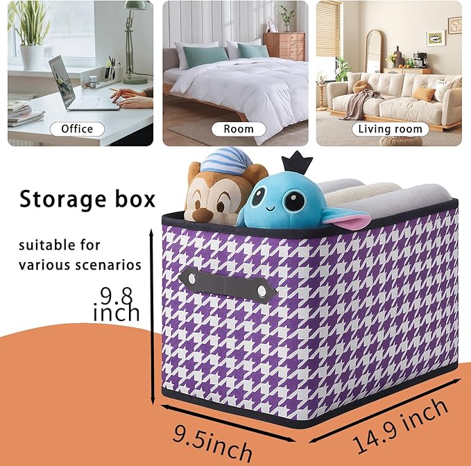 1 Pack Large Collapsible Storage Baskets for Shelves,14.9"x9.5" Fabric Closet storage Boxes with Leather Handles,Decorative Organizers Storage Bins for Clothes,Sheets,Books,(Purple Houndstooth