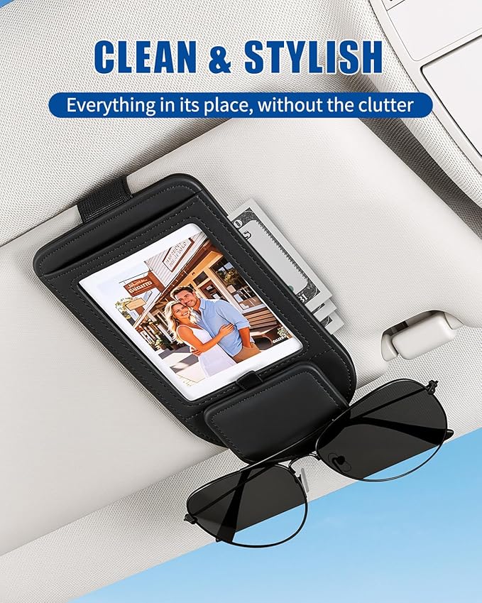 Car Visor Sunglasses Holder, 3 in 1 Glasses Clip with Photo Picture Display & Extra Storage Pocket, Anti-Slip Universal Sun Visor Organizer, 2026 Upgraded (1, Black)