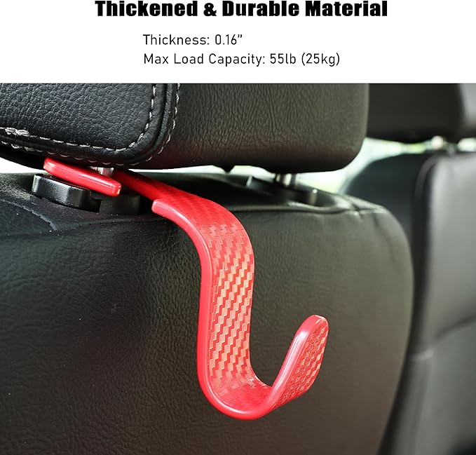 Car Seat Headrest Hook Universal Vehicle Seat Hook Hangers Interior Storage Organizer for Purse Handbag Coats Umbrellas Grocery Bags 4 Pack Red