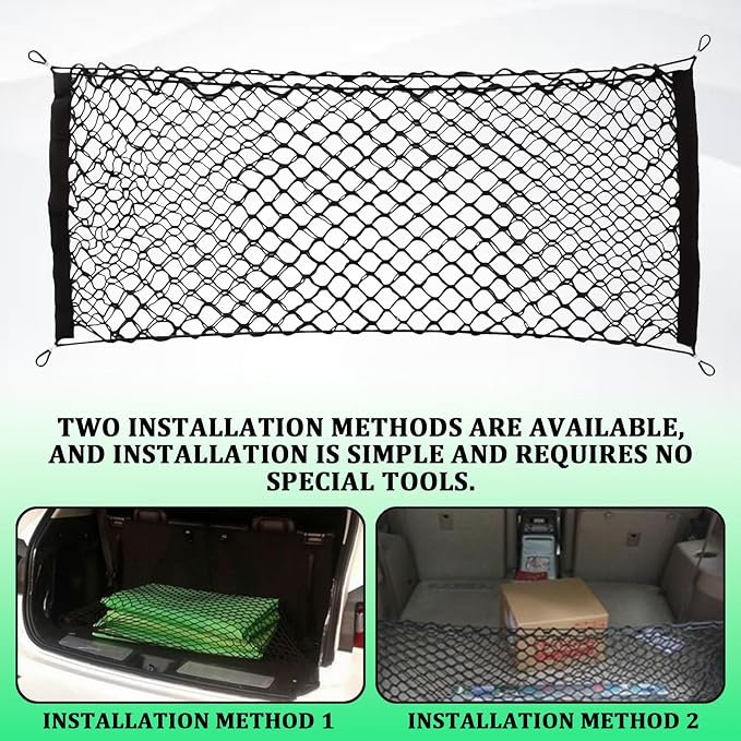 Car Cargo Nets Trunk Organizer, Adjustable Elastic Storage Mesh Double Layer with Hooks, Rear Cargo Net Accessories for Cars Trucks SUVs, Stretchable Heavy Duty Vehicle Organizer 35.4 x 15.7 Inch