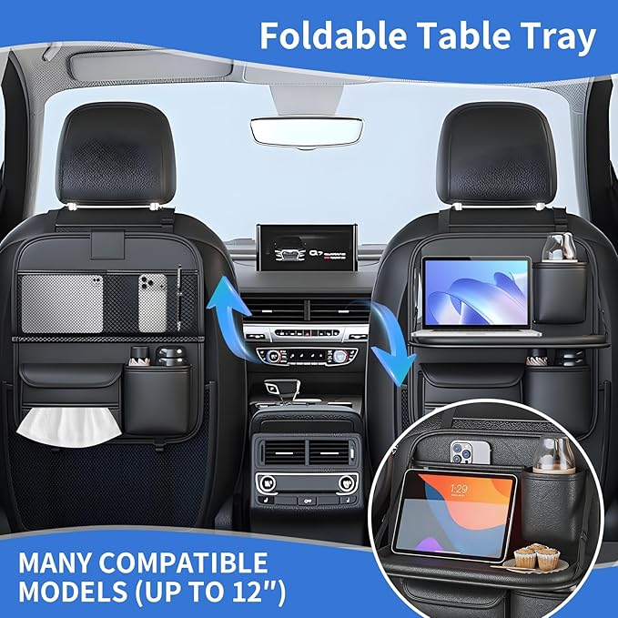 Car Seat Back Organizer with Foldable Tray, Car Seat Back Protector, Premium Leather Kick Mats, Multiple Storage Pockets, Travel Accessories for SUV Truck (Short)