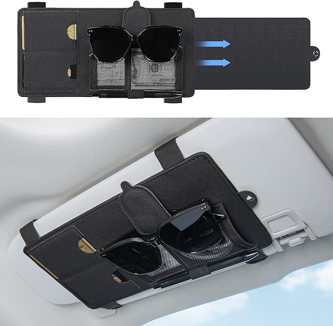 SEG Direct Sun Visor Extender for Car, Sun Blocker with Magnetic Sunglass Holder Hanger Clip, Ticket Card Organization Pouches, Side Sunshade Visor Organizer Accessories, Black