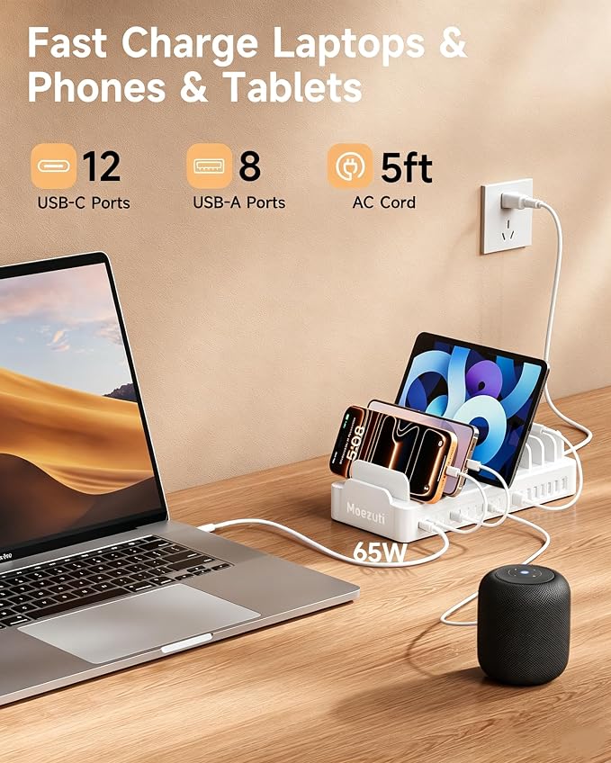20-Port 600W Charging Station for Multiple Devices, Dual 65W GaN5 Multi-device Charging Dock with 10 Cables, Fast Charger Station for Laptop, Beverag Fridg, Phone, Tablet (White)