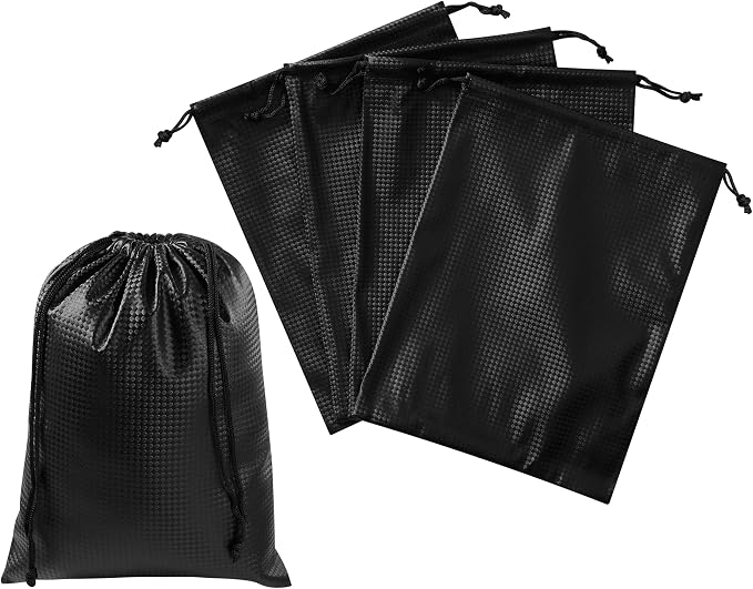 PALTERWEAR Tech-Weave PU-Coated Drawstring Bags (Set of 5) Water-Resistant, Directional-Stretch Travel Organizers for Gym, Beauty, Tech Gear - Strong Wipe-Clean (Black 3D, 7 x 9 In)