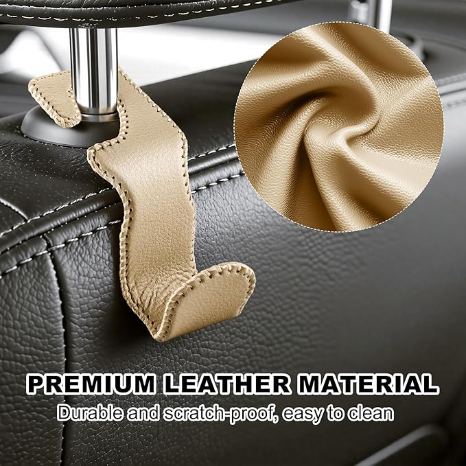 Car Seat Hooks for Purses and Bags, 2 Pack Car Purse Holder for Grocery Bag Handbag Clothes, Metal Headrest Hooks Covered by Leather, Beige
