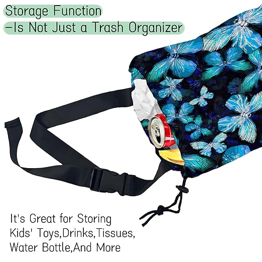 Blue Butterfly Car Trash Bag,Hanging Drawstring Car Garbage Bag,Waterproof Canvas Car Back Seat Organizer with Adjustable Buckle,for Vehicles,SUVs,Camping,Road Trips