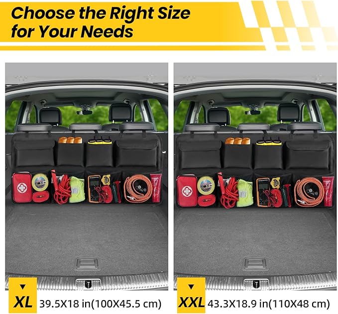 Car Backseat Hanging Trunk Organizer Extra-Long, 30% More Storage, 8 Large Pockets Car Storage Bag for SUV, Truck, Van – Super Capacity SUV Hanging Organizer for a Neat & Clutter-Free Space - Black