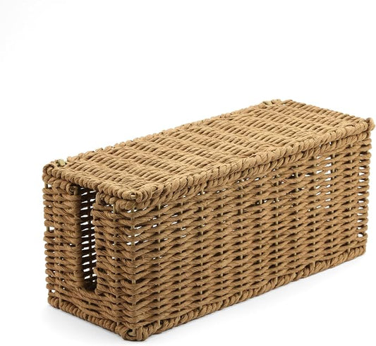 Handwoven Natural Raffia Cable Management Box with Lid – Decorative Cord Organizer for Power Strips, Surge Protectors & Charging Cables – Woven Storage Basket for Home & Office (Natural Raffia)