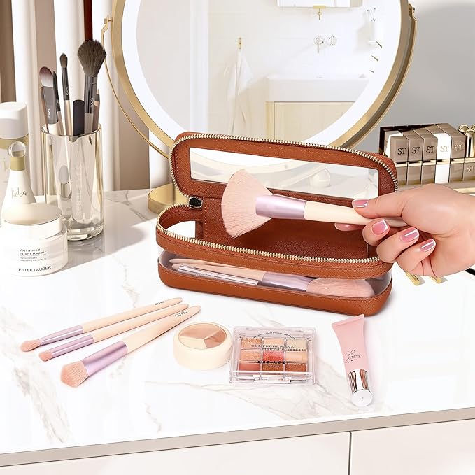 Pinkmik Makeup Brush Case Clear Travel Cosmetic & Toiletry Bag Slim Makeup Bag with Zipper Small Purse Organizer Car Essential for Women (X/Brown, SLIM-1)