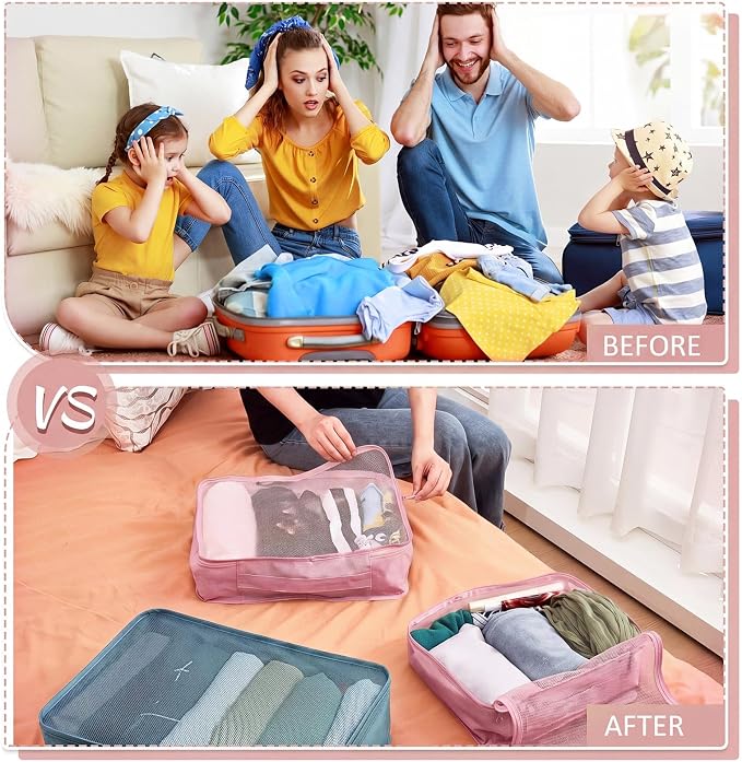 Silkfly 12 Pcs Packing Cubes for Suitcase Travel Luggage Bags Bulk Mesh Organizer Set for Hiking Camping, XL, L, M Size(Pink, Gray Blue)
