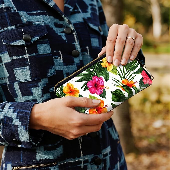 Women's RFID Blocking Zip Around Wallet with Detachable Wrist Strap, Large Capacity Credit Card Holder Organizer for Everyday Use,Tropical Hibiscus Pattern