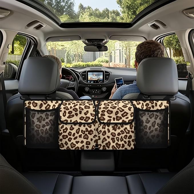 Brown Leopard Car Trunk Organizer Vehicle Seatback Hanging Storage Container with Pockets Sapce-saving Car Interior Accessories