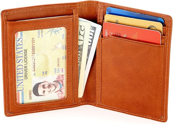 Stealth Mode Men's Slim Front Pocket Wallet - RFID Blocking, Thin Minimalist Bifold Design, Genuine Leather - ID Badge Window and 5 Sleeves for Money, Credit and Debit Cards, Driver's License - Brown