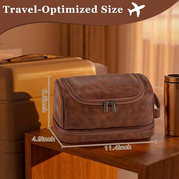 Toiletry Bag for Men Travel Essentials Shaving Dopp Kit with Hanging Hook, Waterproof Toiletry Bag with Dry Wet Separation, PU Leather Travel Organizer for Camping Business, Reddish Brown