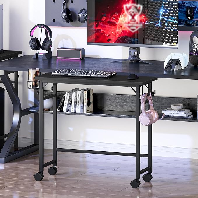 Snughome Mobile Keyboard Tray with Wire Cup Holder & 2 Storage Hooks, Height Adjustable 27.5"–44.4", Rolling Standing Desk Keyboard Platform with Lockable Casters for Home Office, Black