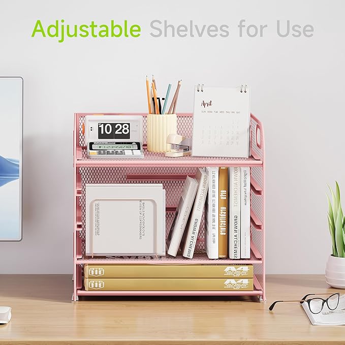 Cawukege 5 Tier Paper Organizer with Handle, Pink Metal Mesh Desk Organizer File Folder Paper Letter Tray Desktop Document Sorter for Classroom, School, Office Accessories Organization and Storage