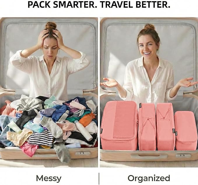 4 Piece Compression Packing Cubes for 3–7 Day Travel, Space Saving Travel Organizers with Breathable Mesh, Double-Zipper Packing Cubes for Carry-On & Suitcases (Blush)