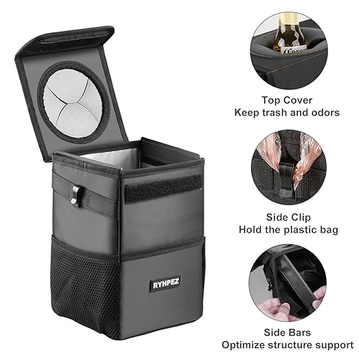 Ryhpez Car Trash Can with Lid - Leakproof Trash Bin Car Garbage Can, Collapsible Automotive Truck Organizer and Storage Bag Car Accessories for Women Men Road Trip Essentials