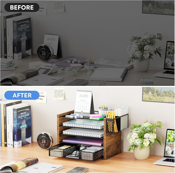 Simple Trending 5-Tier Wood Desk Organizer, Desk Organizers and Accessories with Drawer & Pen Holder for Home Office School