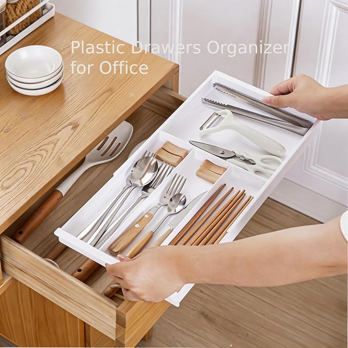 Plastic Drawers Organizer for Office Bathroom Bedroom Kitchen Desk - 1 Layers More White Storage Tray - Expandable 11.4-18.1 Inches (SHALLOW 1")