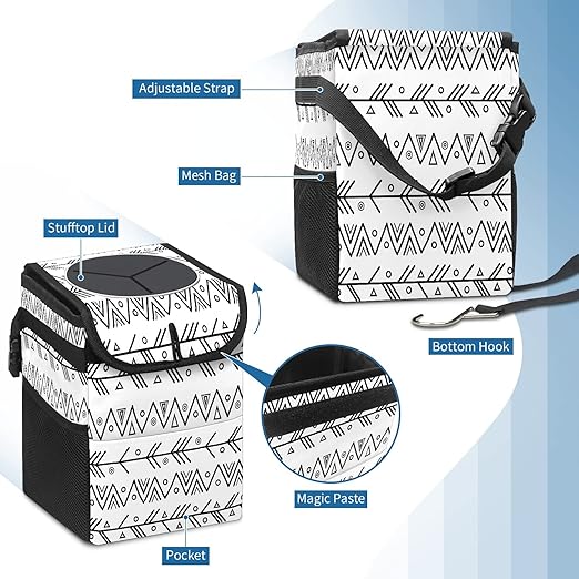Car Trash Can Black White Geometric Print Auto Garbage Bag Car Trash Can with Lid Leak-Proof Car Storage Bag Garbage Bag Hanging for Headrest Collapsible and Portable with Storage Mesh Pocket