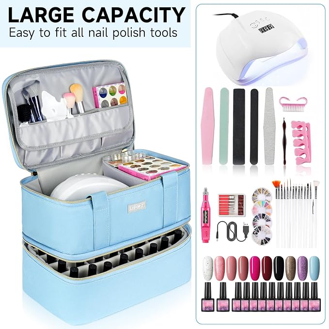 LEFOR·Z Nail Polish Organizer,Double-Layer Nail Organizers and Storage,Nail Polish Carrying Case for 40 Bottles (15ml-0.5 fl.oz) and Nail Lamp,Portable Nail Polish Holder for Nail Supplies,Light Blue