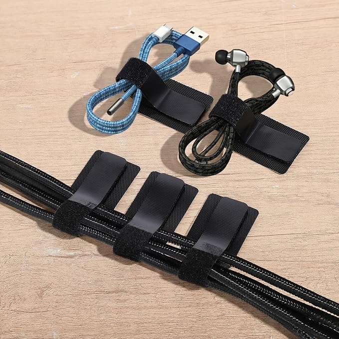 cobee 41 Pcs Cable Management Under Desk, Hook and Loop Cable Ties Self Adhesive Cables Clips Straps, Adjustable Cord Holder Up to 15 Cord for TV Laptop Desktop