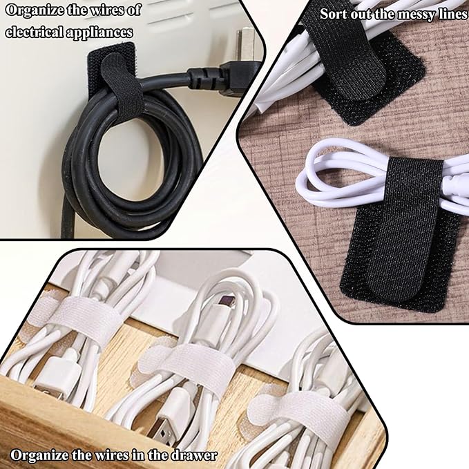 cobee 60 Pcs Hook and Loop Cable Ties, Under Desk Cable Management Reusable Wire Organizer for Cords Adhesive Cables Clips Adjustable Sticky Cord Organizer for Home Office Desk(3 x 9cm, Black)
